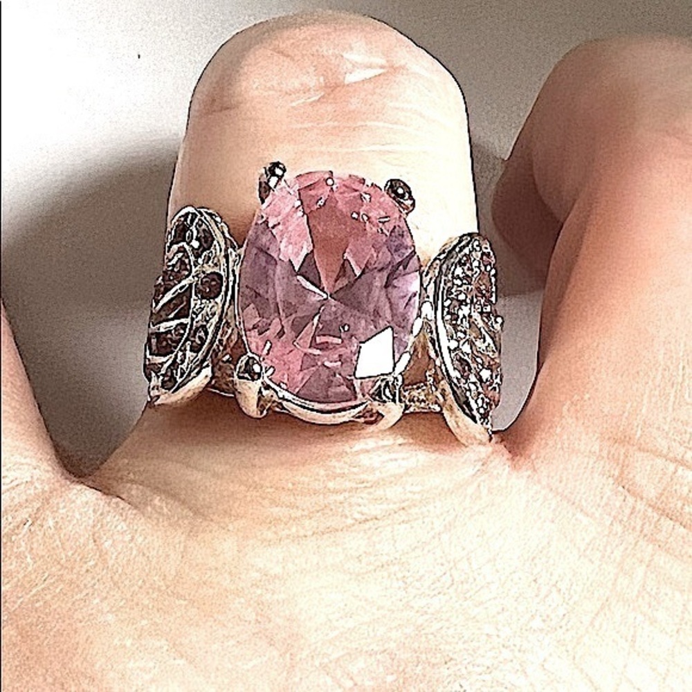 3 ct Pink Sapphire ring unique oval horseshoe sided 14k white gold stamped